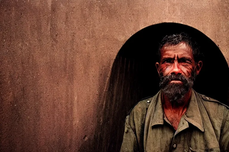 Image similar to a closeup cinematic!! headshot photograph!! of a beautiful homeless war veteran, stood in a tunnel, rain, dirt, film still, cinematic lighting, by bill henson