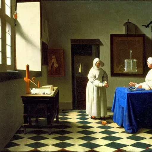 Image similar to A couple of scientists are in love in a laboratory, by Vermeer