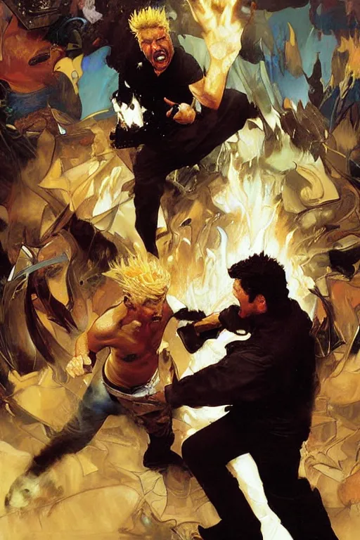 Image similar to guy fieri enraged, fighting gordon ramsay, punching, motion lines, action lines, painting by'phil hale '!!! gaston bussiere, craig mullins, greg rutkowski, alphonse mucha,