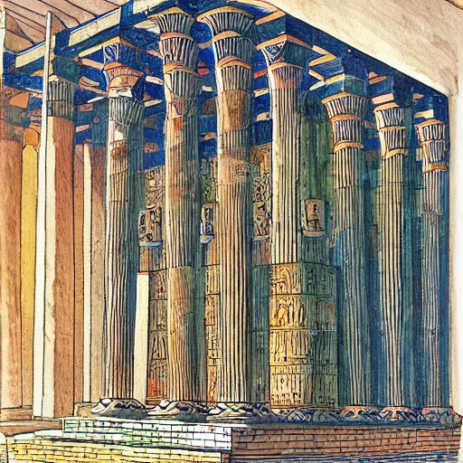 Prompt: an Egyptian temple made from obsidian, painting by Botticelli, sketchbook, Fineliner and alcohol markers