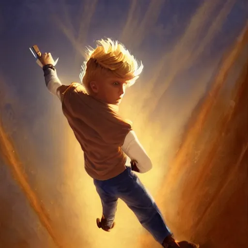 Image similar to blonde boy with golden eyes wearing a brown cape and flying in t pose, energy background, brush strokes, greg rutkowski, oil painting