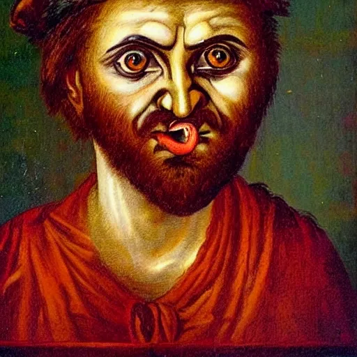 Image similar to portrait of ancient greek idiot with big eyes and sharp nose and open mouth. fine detail. artistic painting by lurid