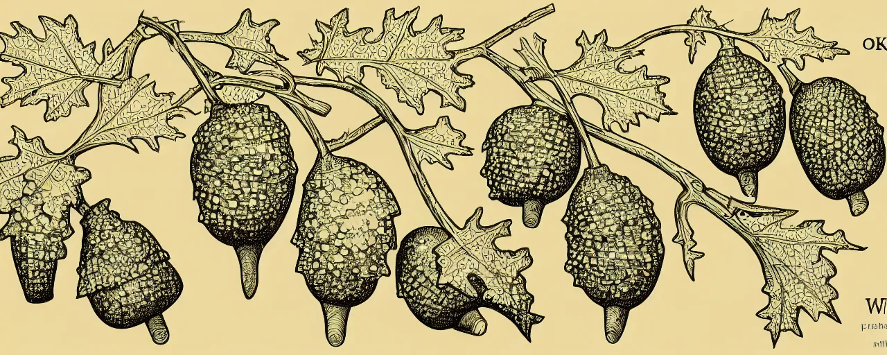 Image similar to a full page schematic diagram illustration of oak acorns on a wine leaf, ultra detailed, 4 k, intricate, encyclopedia illustration, fine inking lines