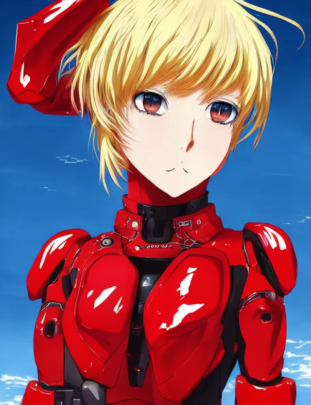 Image similar to an anime portrait of a blonde girl in a red mech suit, trending on artstation, digital art, 4 k resolution, detailed, high quality, sharp focus, hq artwork, coherent, insane detail