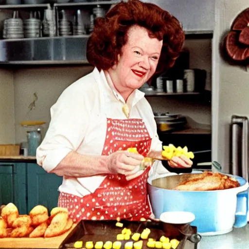 Image similar to color photo of julia child cooking show making corn dogs