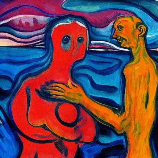 Prompt: a painting of love followed by betrayal, a surrealist painting by munch, reddit, expressionism, fauvism, academic art, picasso