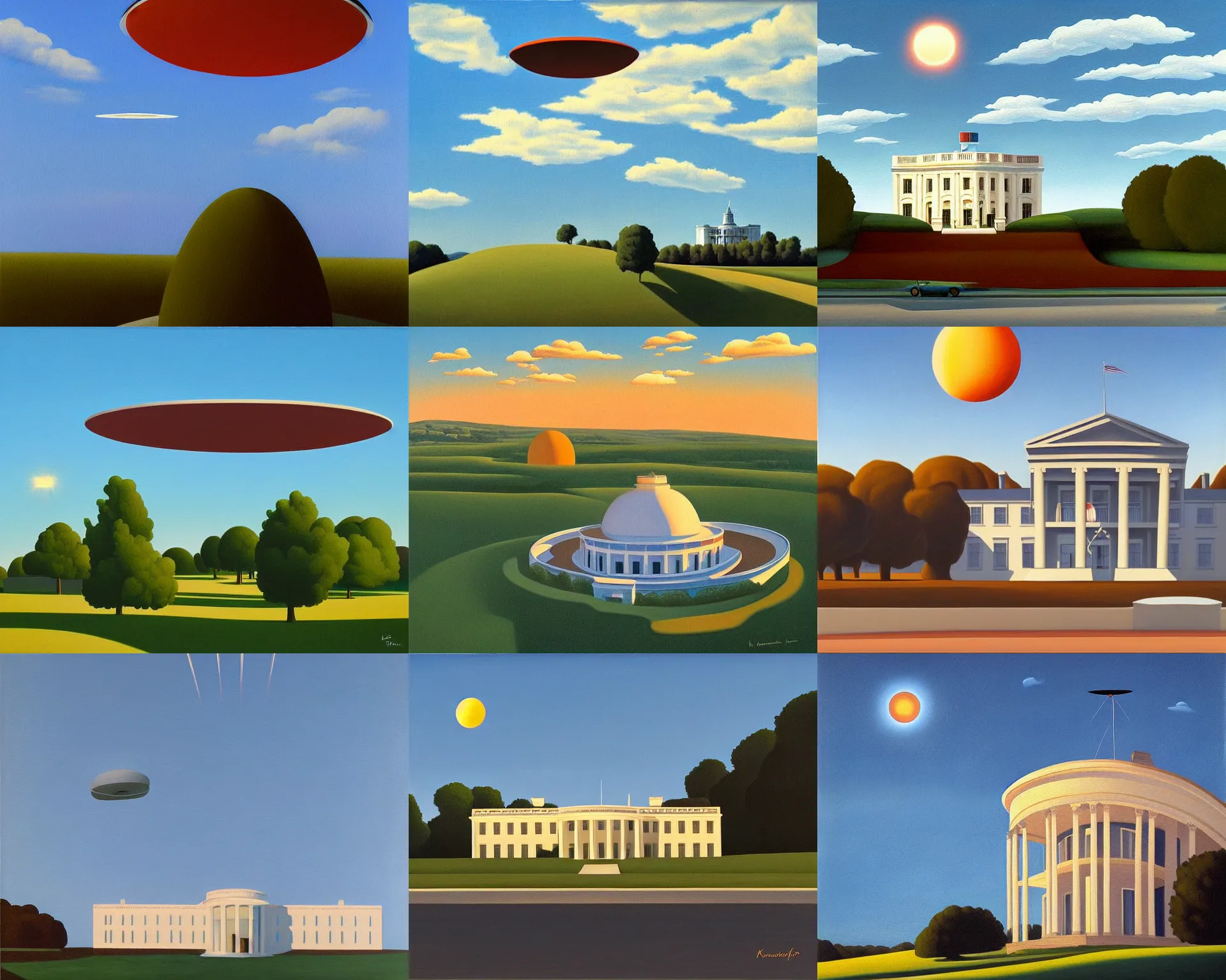 Prompt: ufo over the whitehouse, blue sky, summer evening, a painting by kenton nelson