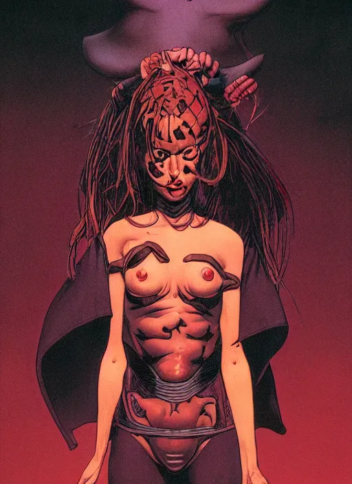 Image similar to hyper realistic photo of dark lord girl, full body, rule of thirds, saturated colors, cinematic, mignola, juan gimenez, moebius