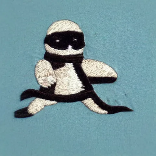 Prompt: “a baby harp seal dressed as a ninja, embroidery”