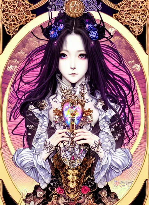 Image similar to legend of the cryptids highly detailed terada katsuya ayami kojima atrstation manga poster of princess mechine, anotherwanderer, rainbow gradient reflection, cute face by artgerm, art nouveau, long hair, armor, dress, laces, ruffles, 8 k, maximalist, golden ratio, alphonse mucha