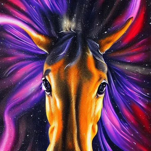 Prompt: psychedelic portrait painting of a horse emerging from a black hole in space