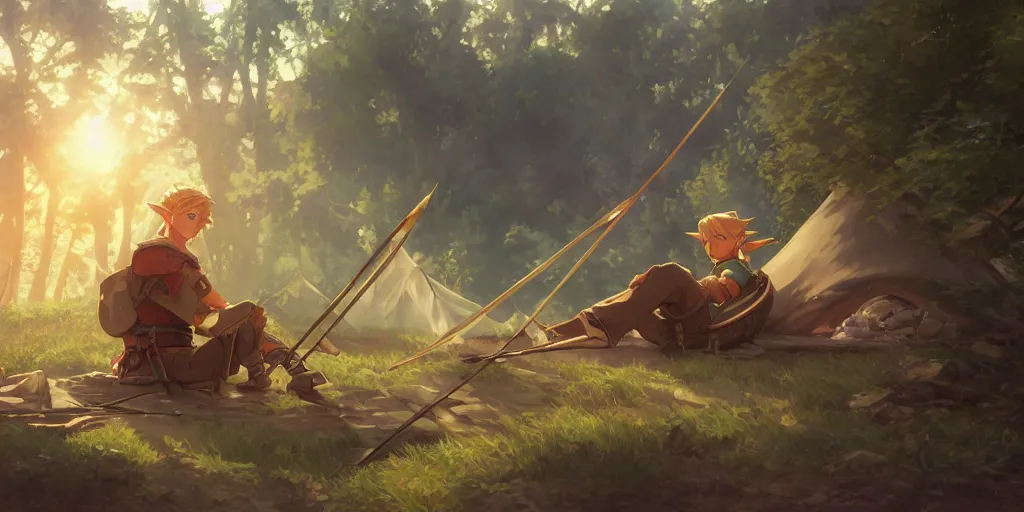 Image similar to cinematic full anime portrait of link from zelda resting with his bow at his tent. intricate, elegant, highly detailed, digital art, artstation, concept art, smooth, sharp focus, illustration, by stanley artgerm, greg rutkowski, studio ghibli, alphonse mucha, norman rockwell 8 k