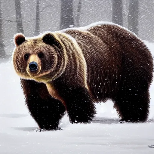 Prompt: grizzly bear in a snow storm, impressionism, artstation