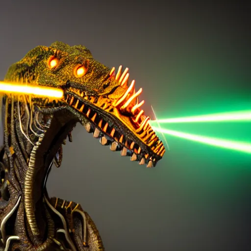 Prompt: threeheaded cyborg tyrannosaurus rex with lasers. 8 5 mm f / 1. 4