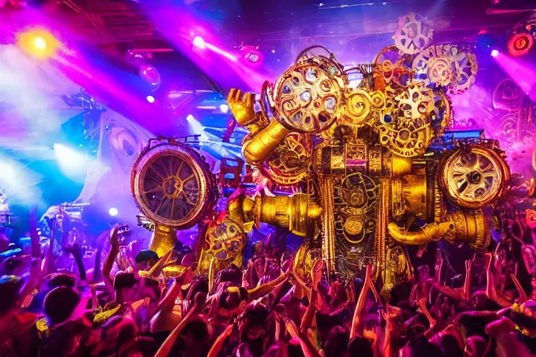 Prompt: scene is elrow party in privilege in ibiza, portrait photo of a giant huge golden and blue metal steampunk robot, with gears and tubes, eyes are glowing red lightbulbs, shiny crisp finish, 3 d render, 8 k, insaneley detailed, fluorescent colors, haluzinogetic, background is multicolored lasershow