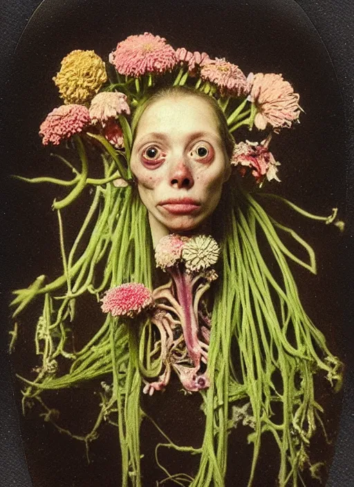 Image similar to beautiful and detailed rotten woman made of plants and many types of flowers like carnation, chrysanthemum and tulips, anatomical, 🫀, intricate, organs, ornate, surreal, john constable, guy denning, gustave courbet, caravaggio, romero ressendi 1 9 1 0 polaroid photo