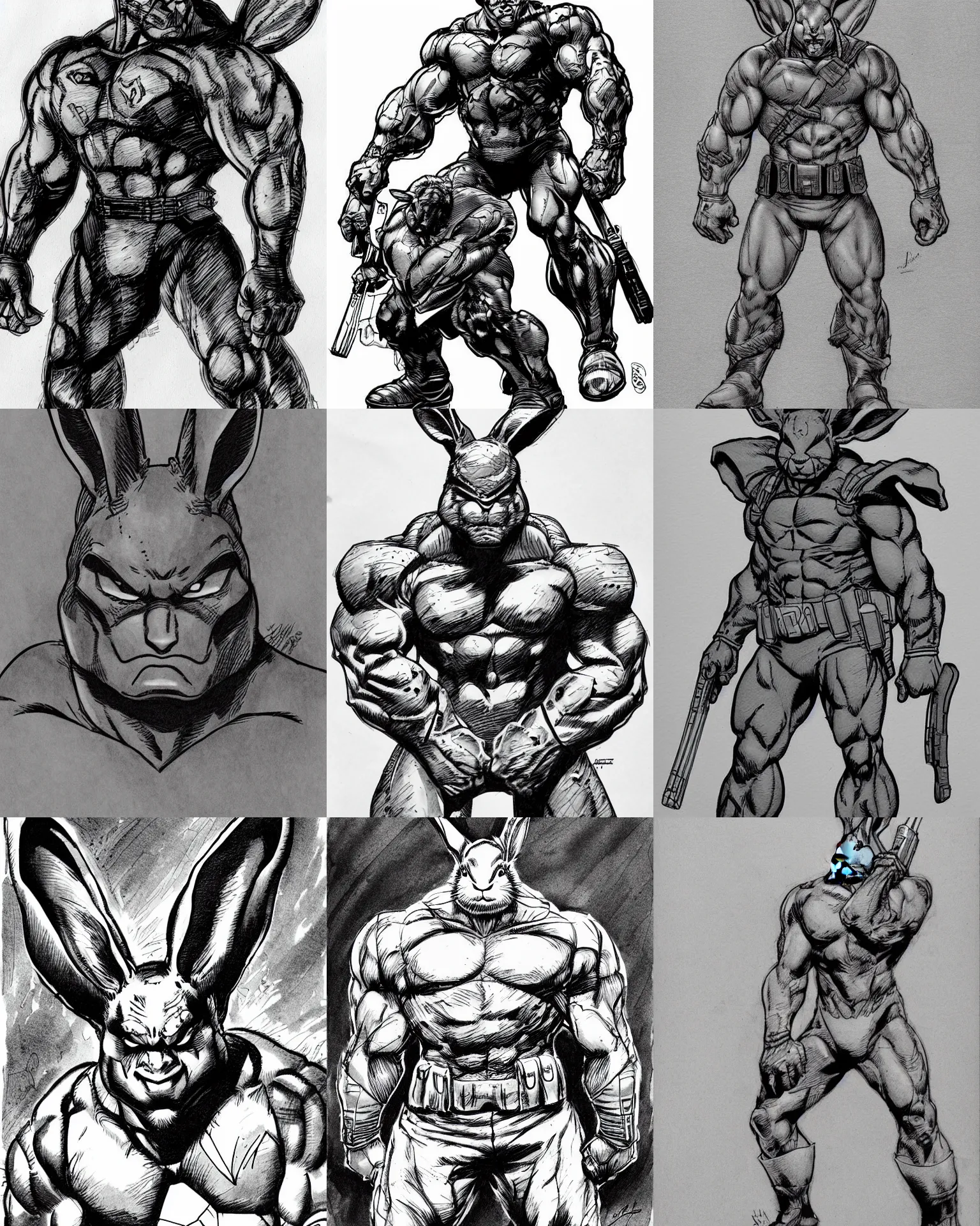 Prompt: rabbit!!! jim lee!!! medium shot!! flat grayscale ink sketch by jim lee close up in the style of jim lee, sad hunched dramatic pose swat soldier armor gray hulk rabbit animal by jim lee