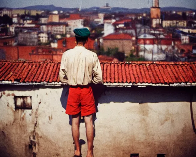 Image similar to lomo photo of man standing on the roof of soviet hrushevka, small town, cinestill, bokeh, out of focus