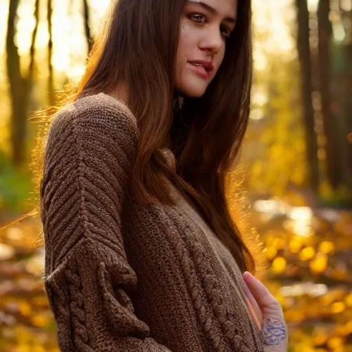 Image similar to real life photo of a beautiful girl, full body photoshoot, long brown hair, brown eyes, full round face, short smile, belly free dark brown sweater, forest setting, cinematic lightning, medium shot, mid - shot, highly detailed, trending on artstation, unreal engine 4 k, 8 0 mm, 8 5 mm, cinematic wallpaper