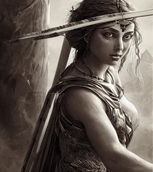 Image similar to beautiful young aphrodite goddess as an archer warrior, realistic face, beautiful eyes, black and white drawing, in the style of greg rutkowski, fantasy, amazing detail, epic, intricate, elegant, smooth, sharp focus