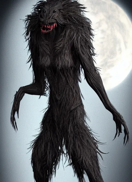 Prompt: tall bipedal creature in the darkness, long claws, large long pointy teeth, drooling, hunched over, dark cavern, no hair, dark skin, no light, highly intricate, detailed, 8 k