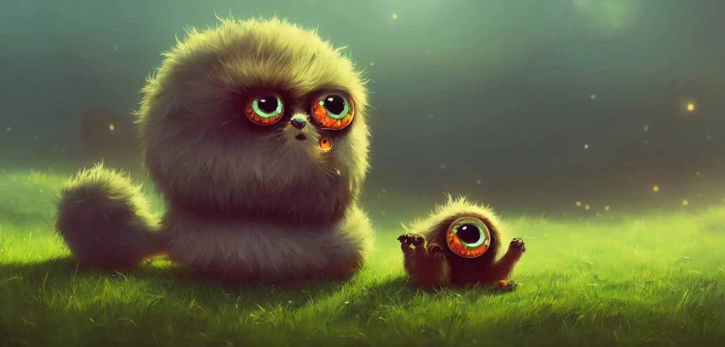 Prompt: funny fluffy ball big eyes sitting in grass, in the style of craola, cinematic shallow depth of field, highly detailed, digital painting, trending artstation, concept art, illustration, cinematic lighting, vibrant colors, photorealism, epic, octane render