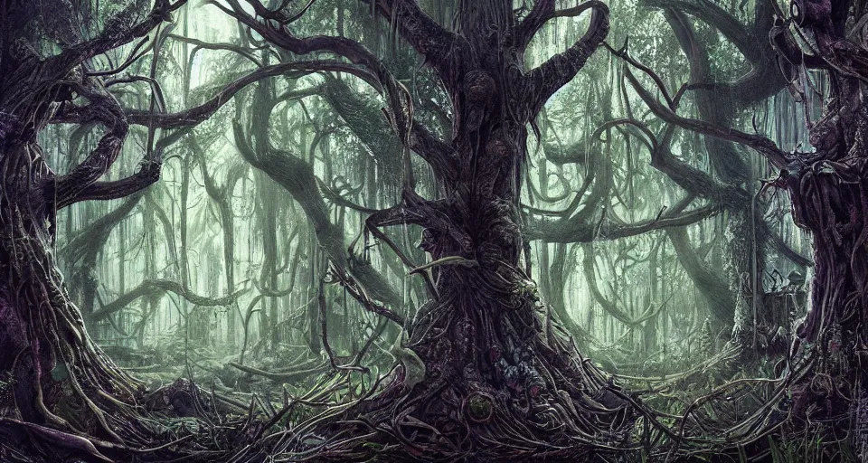 Image similar to A dense and dark enchanted forest with a swamp, by Android jones,