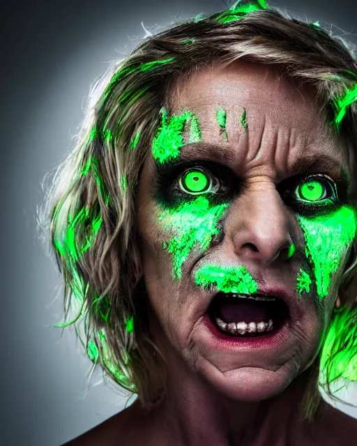 Image similar to headshot of demonic looking angry ellen degeneres with glowing green eyes like medusa, studio lighting, 8 k, photo shoot, 9 inch kershaw soft focus lens f / 5. 6