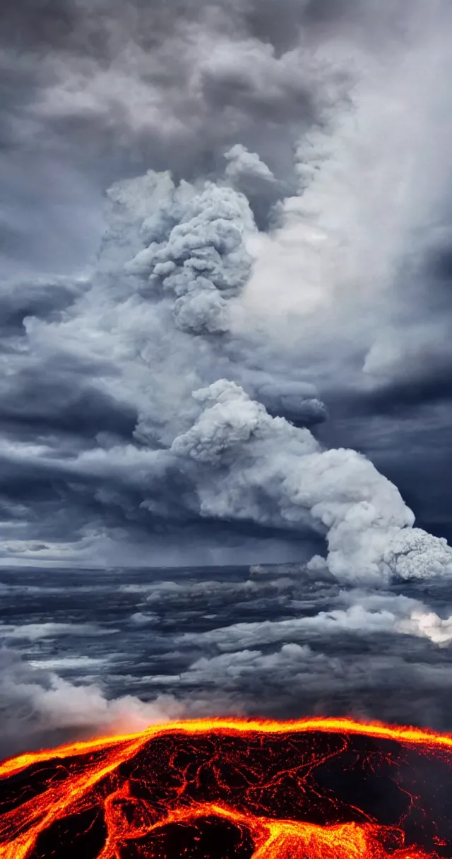 Image similar to huge storm on an erupting volcano, cyclone, rain, wind, lava, hyper realistic picture, hd