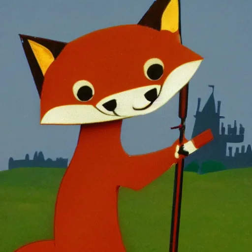 Prompt: anthropomorphic fox!! who is a medieval knight holding a sword towards a stormy thundercloud [ 1 9 3 0 s film still ], castle in the background