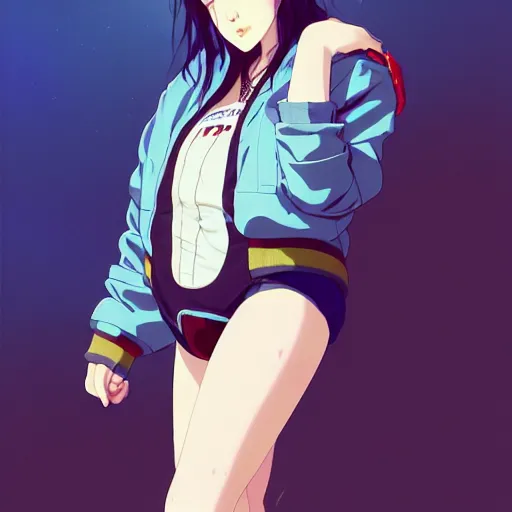 Image similar to a beautiful boyish kat dennings alluring gravure model, wearing oversized mayan bomber jacket and leotard with overalls, bulky poofy aztec native style bomber jacket with mayan patterns, gapmoe yandere grimdark, trending on pixiv fanbox, painted by greg rutkowski makoto shinkai takashi takeuchi studio ghibli, akihiko yoshida