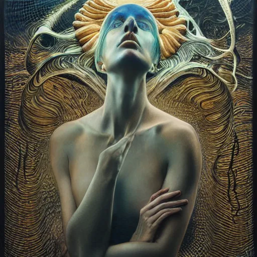 Image similar to queen of neptune by zdzisław beksinski, iris van herpen, raymond swanland and alphonse mucha. highly detailed, hyper - real, beautiful