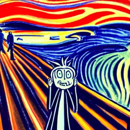 Image similar to rick sanchez from rick and morty in edward munch's scream painting