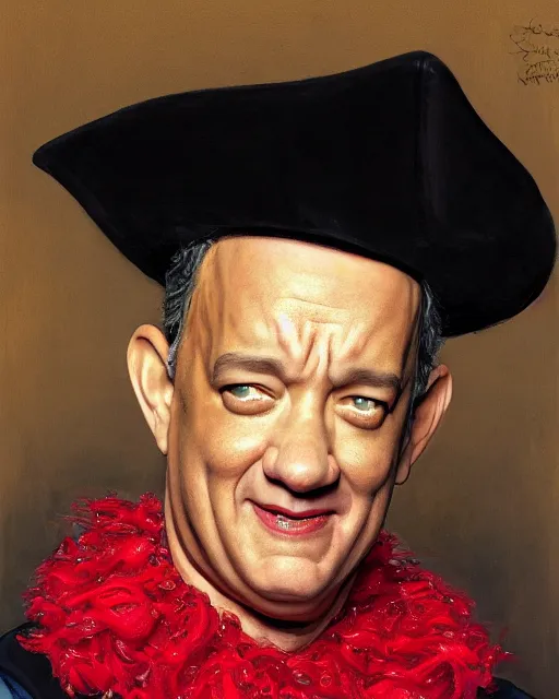 Image similar to closeup portrait of whimsical conniving tom hanks wearing a red hat, court jester in renaissance era,, masterpiece, by donato giancola and greg rutkowski and wayne barlow and zdzisław beksinski, high contrast, realistic face