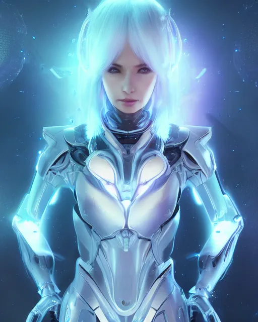 Image similar to perfect android girl on a mothership, warframe armor, beautiful face, scifi, futuristic, galaxy, nebula, raytracing, dreamy, long white hair, blue cyborg eyes, sharp focus, cinematic lighting, highly detailed, artstation, divine, by gauthier leblanc, kazuya takahashi, huifeng huang