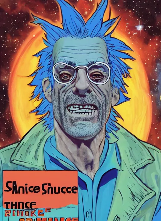 Image similar to Christopher Lloyd as Rick Sanchez on the cover of Galaxy Science Fiction, 1965, detailed, epic, vintage 1960s print, trending on artstation