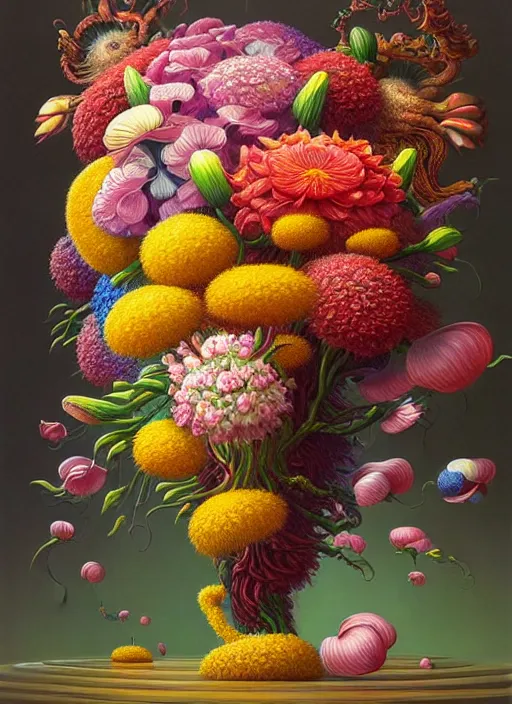 Image similar to hyper detailed 3d octane render illustration like a Oil painting - a vivid exotic flower bouquet, long petals, huge blossoms, by Jacek Yerka, Mariusz Lewandowski, Laszlo generative render, long brush strokes, Masterpiece, Edward Hopper and James Gilleard, Zdzislaw Beksinski, Mark Ryden, Wolfgang Lettl, hints of Yayoi Kasuma, octane render, 8k