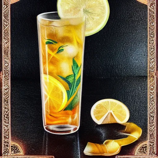 Prompt: ice - t, tall iced tea glass, by alfons mucha, golden hour, realistic, body shot, sharp focus, 8 k high definition, insanely detailed, intricate, elegant, lime, lemon