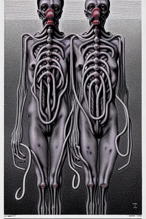 Prompt: thick tangled grey pipes and hoses which resemble human bodies by thomas ligotti and wayne barlowe