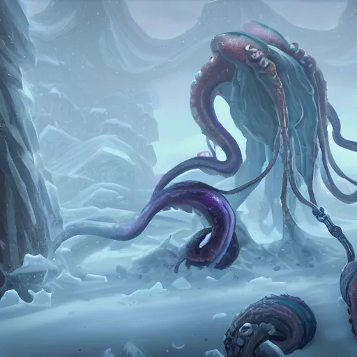 Prompt: screenshot of an end game boss that is an ethereal obsidian ghostly wraith like figure with a squid like parasite latched onto its head and long tentacle arms that flow lazily but gracefully at its sides like a cloak and chains rattling at its sides while it floats around a frozen rocky tundra in the snow searching for lost souls hidden among the underbrush of the frozen trees, this character has hydrokinesis and electrokinesis for silent hill video game and inspired by the resident evil game franchise