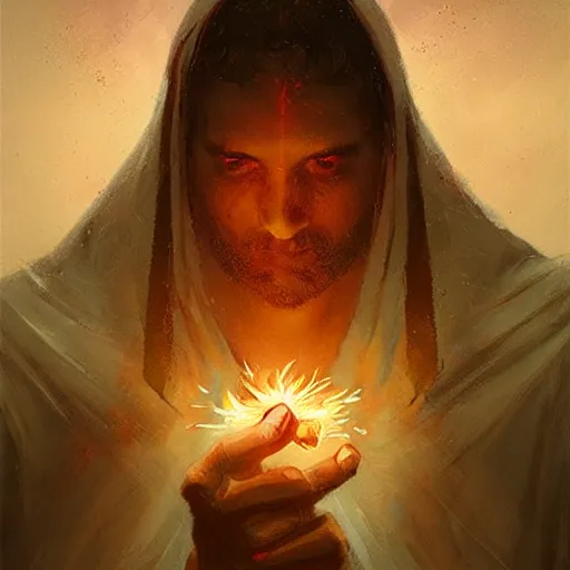 Image similar to High Priest of the Sacred Cult of Fire Spinners by Greg Rutkowski, bokeh