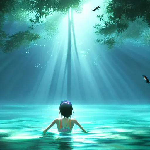 Prompt: young girl swimming in underwater forest with birds, light rays through water, sharp focus, Miyazaki, Makoto Shinkai, Highly Detailed, Cinematic Lighting, 8k, HD