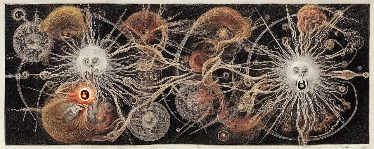 Image similar to a strange fire creature with endearing eyes radiates a unique canto'as above so below'while being ignited by the spirit of haeckel and robert fludd, breakthrough is iminent, glory be to the magic within, in honor of saturn, painted by ronny khalil