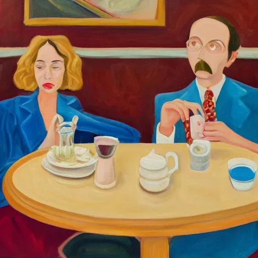 Image similar to creamy, delicious painting, portrait of a couple on a date, by wes anderson