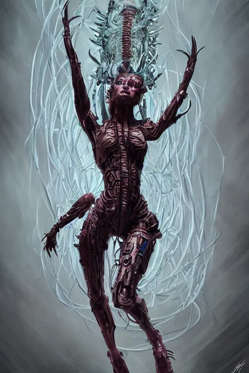 Prompt: comic art,Sprial, a female six-armed Mutate and Cyborg Sorcereress dancing in the air,beautiful and terrifying,melting,full character design,8k,by Stanley Artgermm,Tom Bagshaw,Travis Charest,Carne Griffiths,Ron English,Linsey Levendall,trending on DeviantArt,face enhance,hyper detailed,minimalist,full of colour,cinematic,dynamic lighting