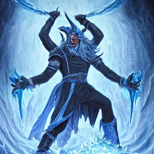 Image similar to a blue tiefling man frozen in ice and shattering into a million pieces, by Tony Sart, detailed, realistic, masterpiece, symmetrical