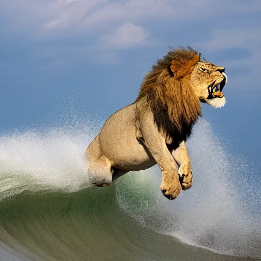 Image similar to a lion's face breaching through a wave