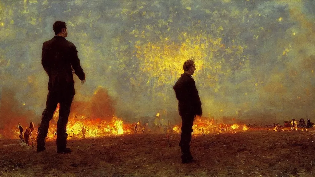 Prompt: high quality high detail painting by ilya repin, man standing in front of huge explosion, cinematic, hd