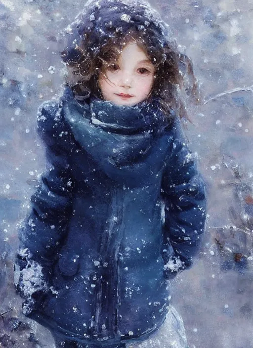 Prompt: a cute little girl with short light brown curly hair and blue eyes standing in the snow wearing winter clothes in jewel tones. beautiful ethereal painting by ruan jia