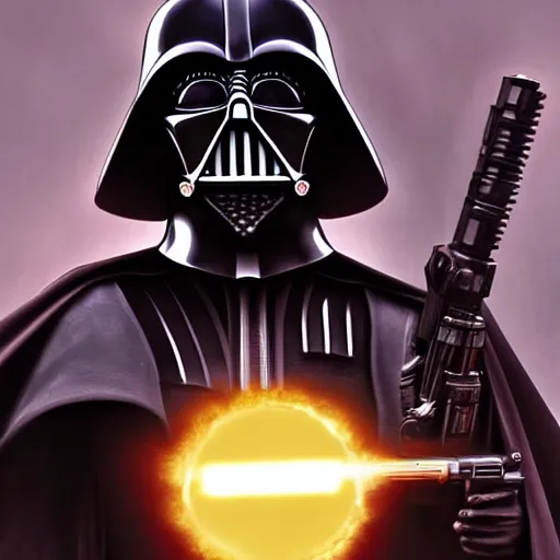 Image similar to hyperrealistic portrait of gothic cyberpunk darth vader holding a golden ak 4 7, 4 k, highly detailed, beautifully rendered